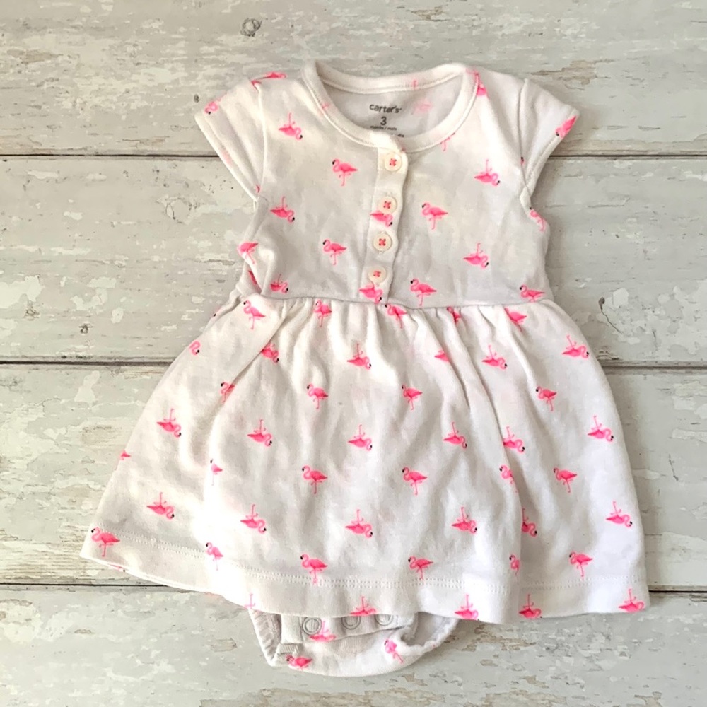 Carters 3m Baby Girl White Pink Flamingo Print Dress One Piece 100% Cotton